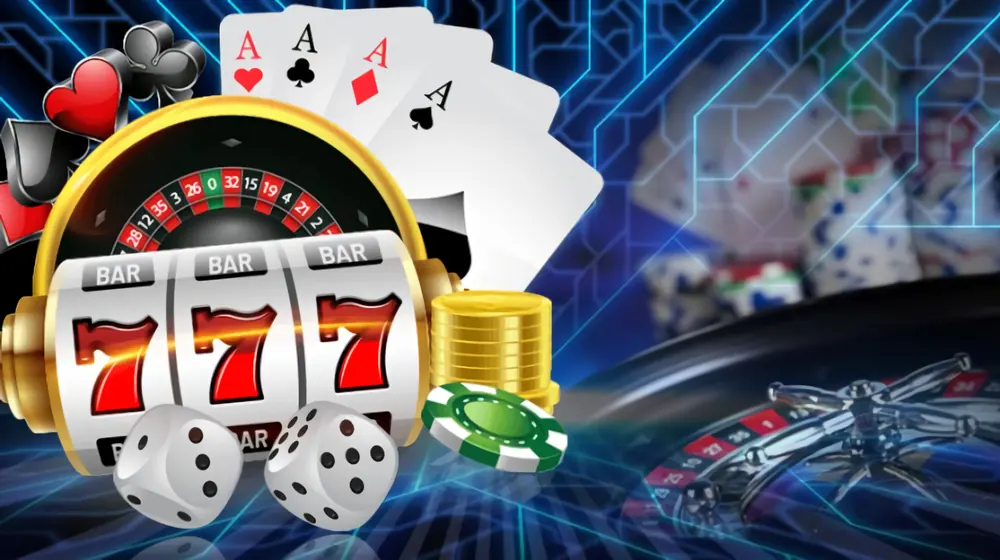 Slot reels, roulette wheel, playing cards and chips